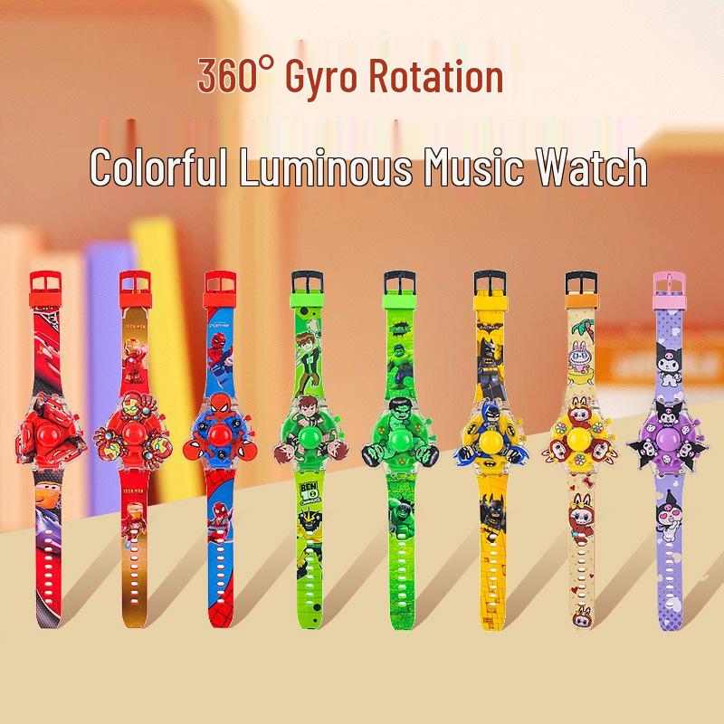 Children's Cartoon Music Watch with Seven-Color Luminous Spinning Gyro Toy