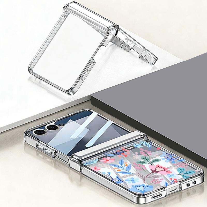 Colorful Flower Printed Magnetic Clear Phone Case For Samsung Galaxy Z Flip7 FE Flip6 Flip5 Flip7 6 5 Folding Hard PC Back Cover