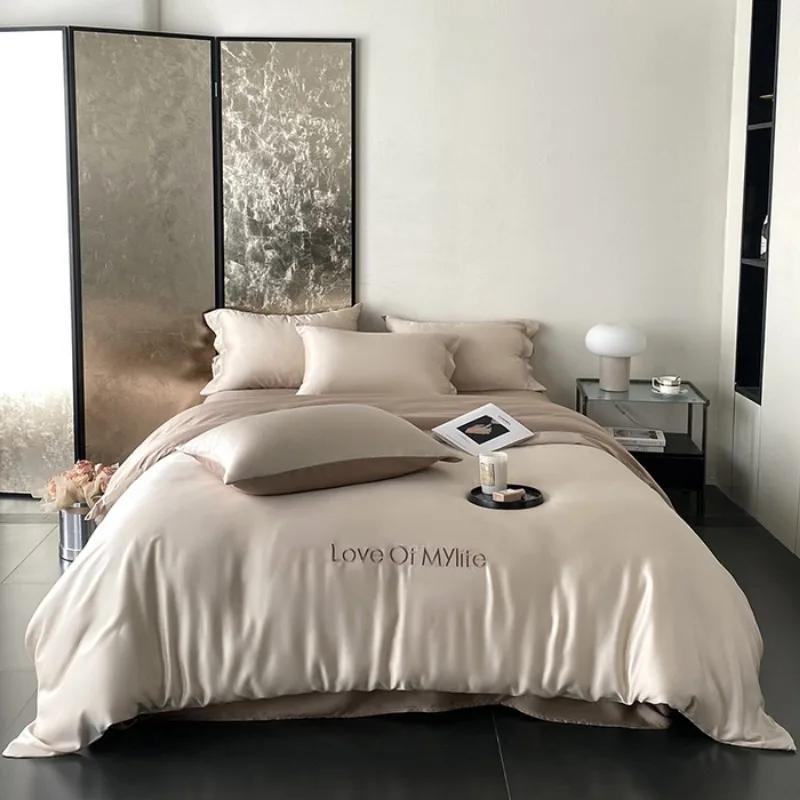 

New craft ice silk printing embroidery fashionable solid color double-parcel four-piece set of sheets and bed hats 1.2m sheet 3pcs