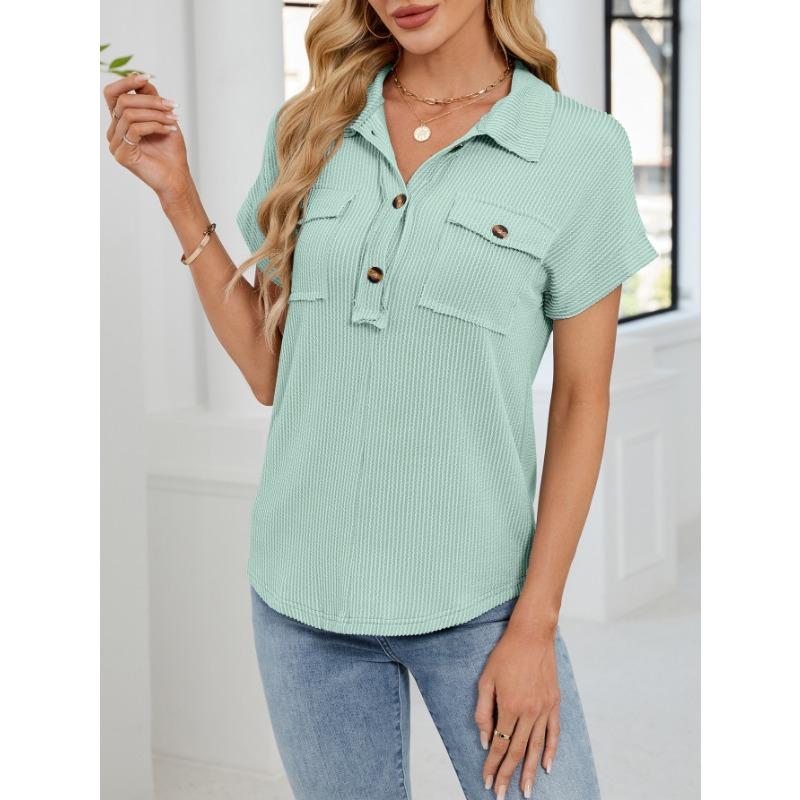 Summer New Women's Lapel Pocket Short-sleeved Solid Color T-shirt Casual Versatile Top