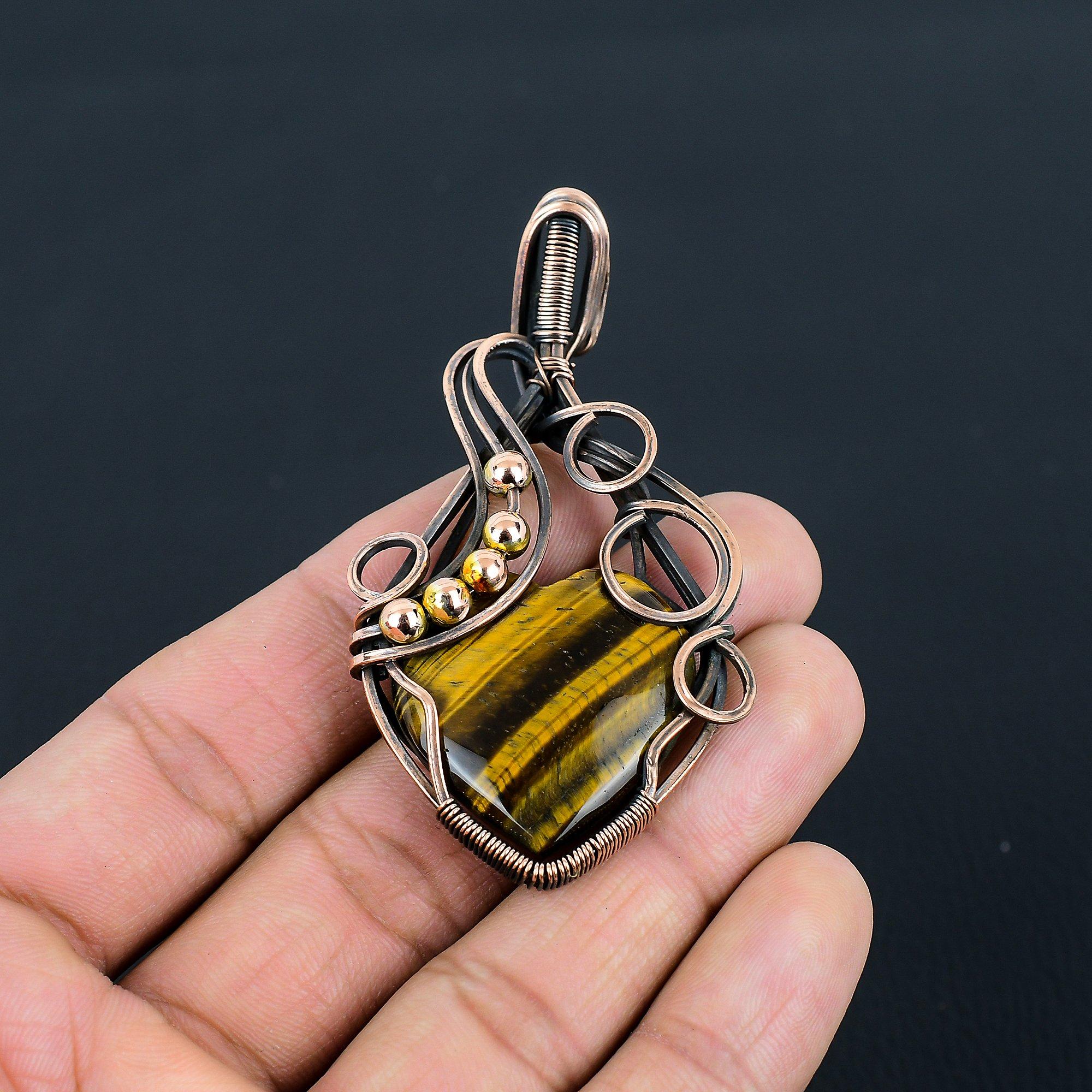 

Тигровый глаз драгоценный камень ручной работы из чистой медной проволоки обернутый кулон ювелирные изделия для женщин 2.56 Inches жёлтый