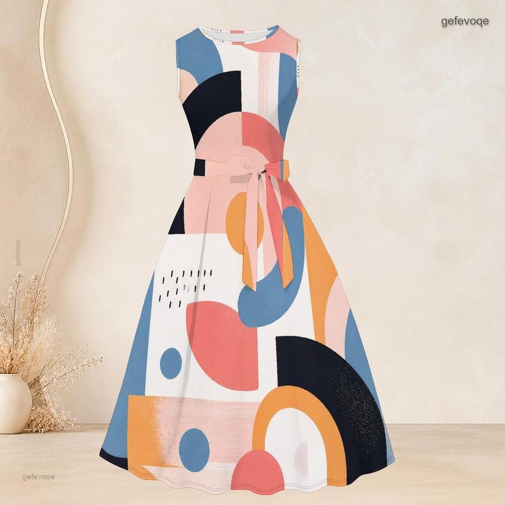 Women Plus Size Two Piece Set Sleeveless Crew Neck Tie Waist Flared Dress Long Sleeve Open Cardigan Geometric Printed Black Gold Gray