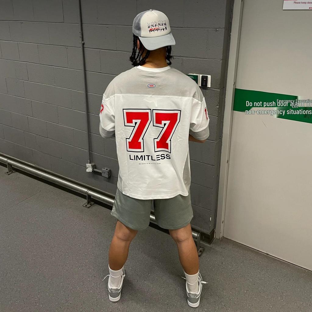 Number 77 Retro Ice Hockey Jersey – Short Sleeve Patchwork T-Shirt