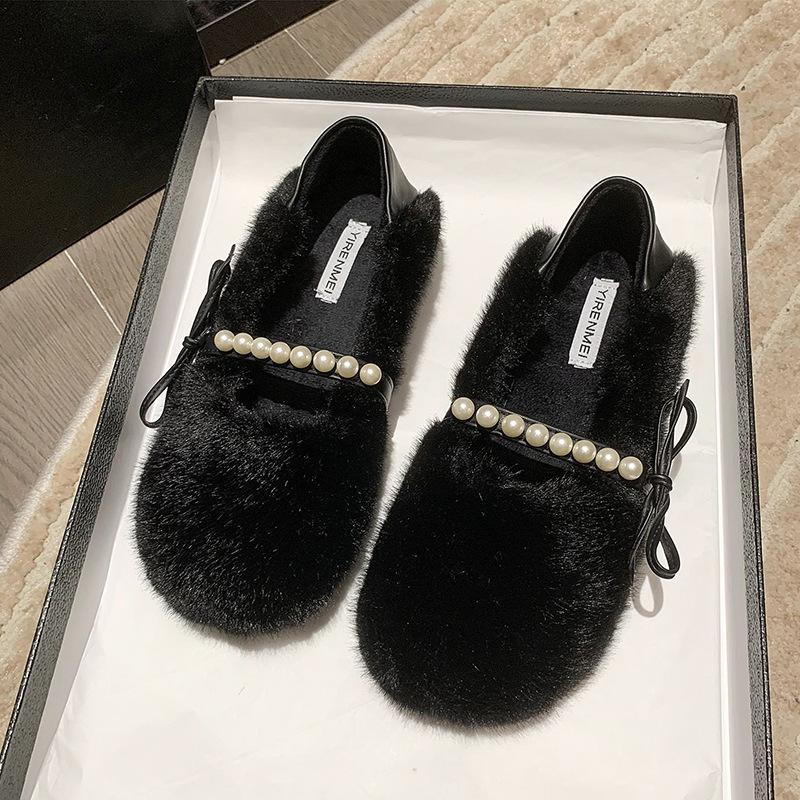 Mao Mao shoes women's autumn and winter velvet pearl non-slip bow Doudou shoes warm women's cotton shoes