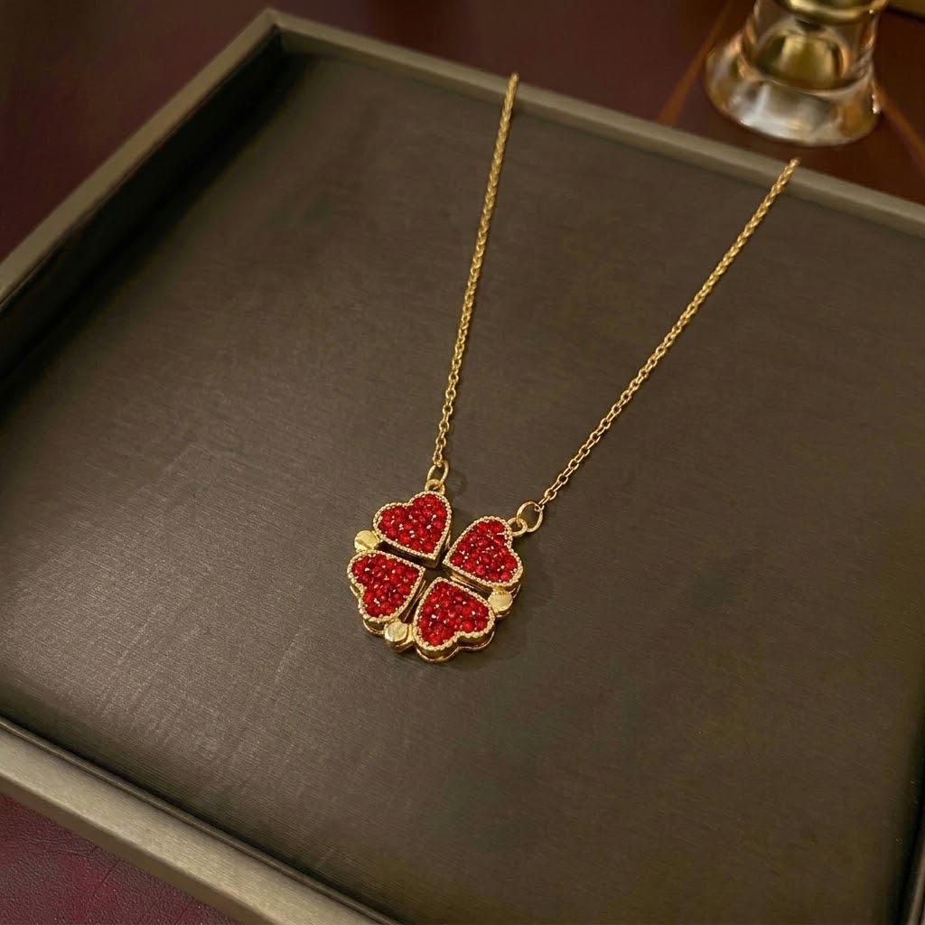 Women's Heart-Shaped Necklace with Four-Petal Flower, Cubic Zirconia, Titanium Steel Clavicle Chain - Elegant and Versatile Accessory