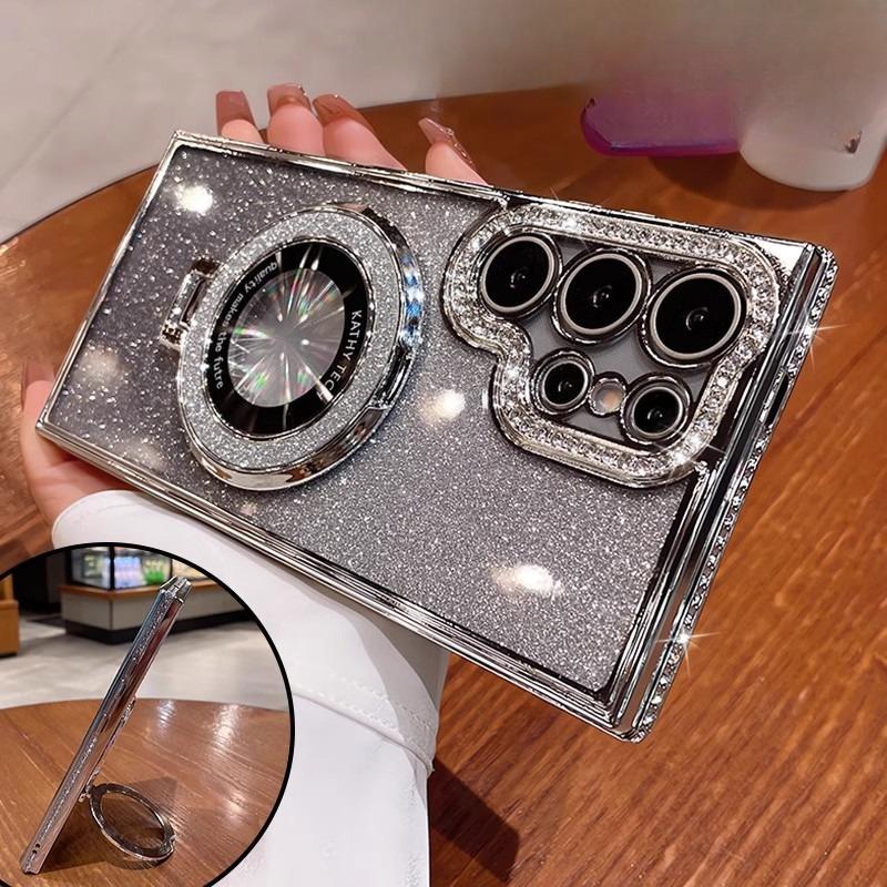 Smooth Powder Magnetic Suction Bracket Suitable for Samsung S25ultra Mobile Phone Case S24 Electroplated Advanced Lens Full Inclusive Anti Fall