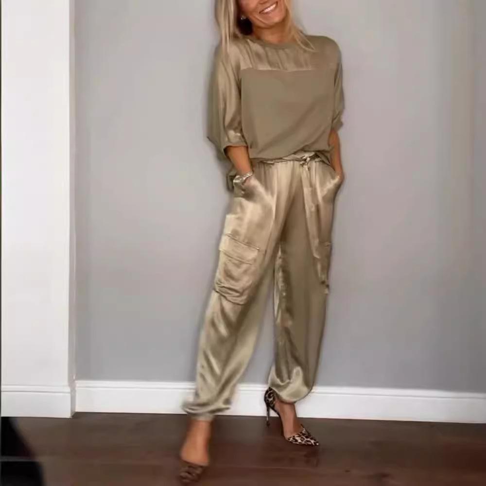 

European & American Fashion Women s Satin Short-Sleeve Top and Pant Set S