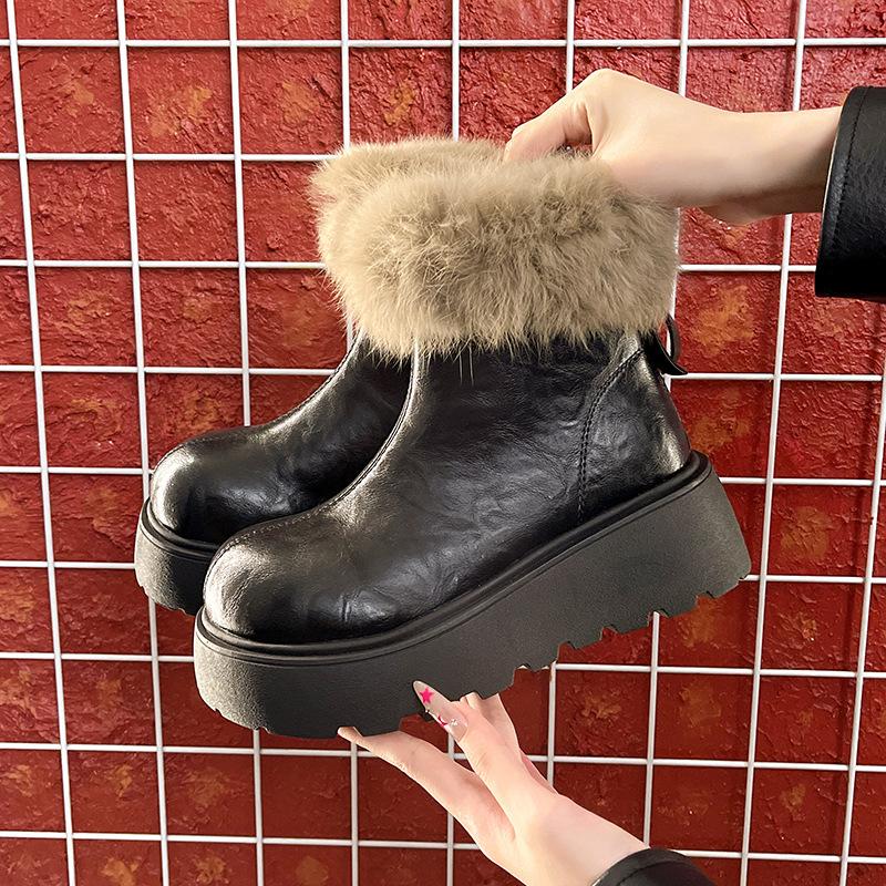 Women's Large Size Fur Mouth Thickened Winter Warm Fur One Snow Boots Padded Lining Ankle Boots Non-slip Hiking Sports Cotton Boots