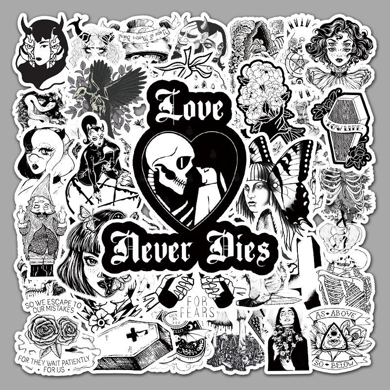 50 Black & White Gothic Punk Style Graffiti Stickers for DIY Suitcases, Notebooks, and Skateboards.