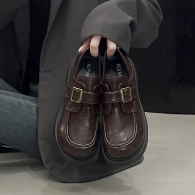 British Style Small Leather Shoes Women's 2025 Autumn New Thick-soled Thick-heeled Uniform Shoes Are Not Tired of Feet, One-word Buckle Loafers