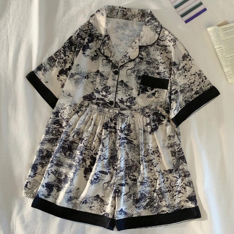 New Chinese Ink Painting Printing Short-Sleeved Shorts Women'S Summer Temperament Style Loungewear Can Be Worn Outside