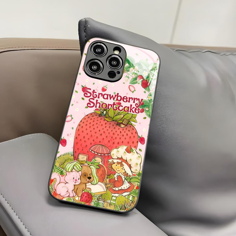 V-Vintage-D-Strawberry Shortcake Phone Case for Iphone 17 Air 16 15 14 12 11 13 Pro Max Mini X Xr Xs Puls Black Glass Cover