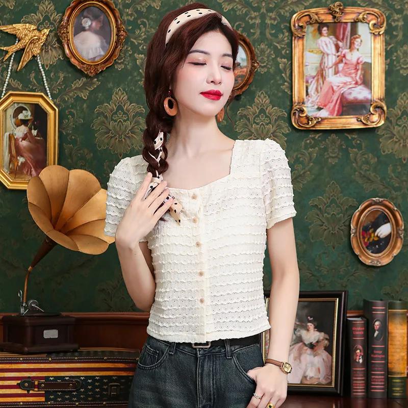 

Women s White Textured Knit Top Square Neck Short Sleeve Button Front Slim Fit Casual Blouse S абрикосовий