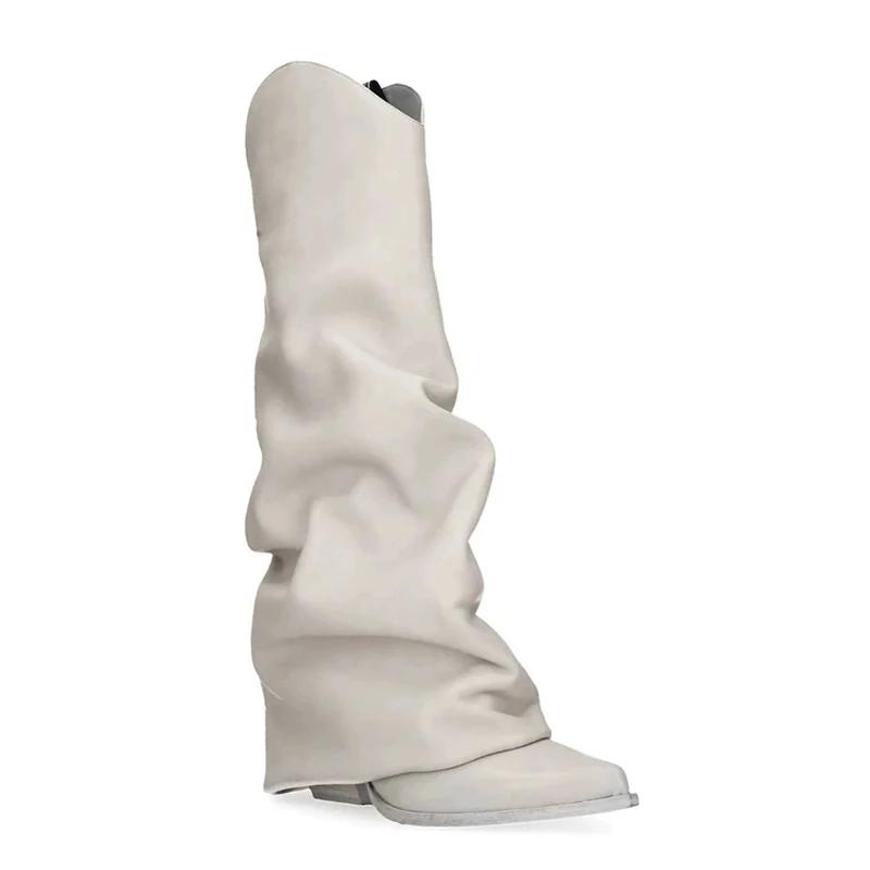 Fashion New Pointed Toe Sloping Pleated Lazy Knee High Boots Women's European American Fashion Black Beige Skirt and Boots Size 35-43