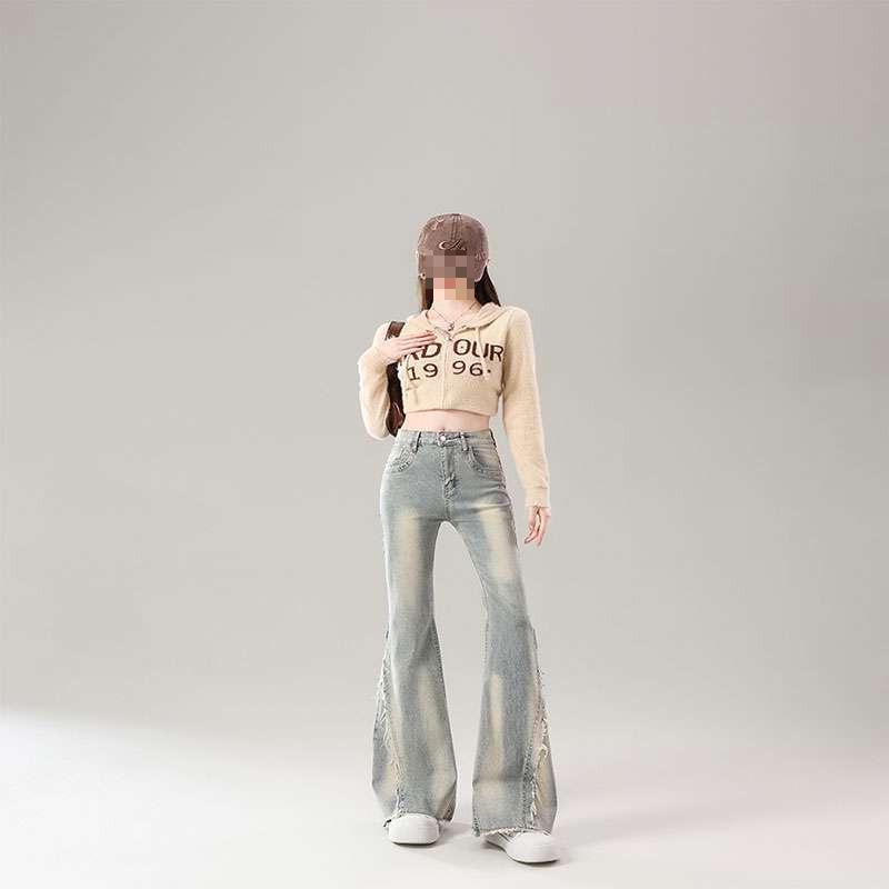 Women s Vintage High-Waisted Micro-Flare Jeans - Frayed Hem, Patchwork, Slim Fit, Bell-Bottoms 4XL