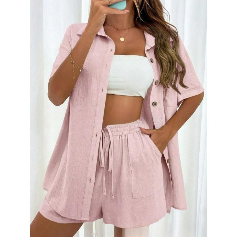 Pantaloncini alla moda Completo due pezzi Camicia a tinta unita da donna Casual Ampio Maniche corte Monopetto