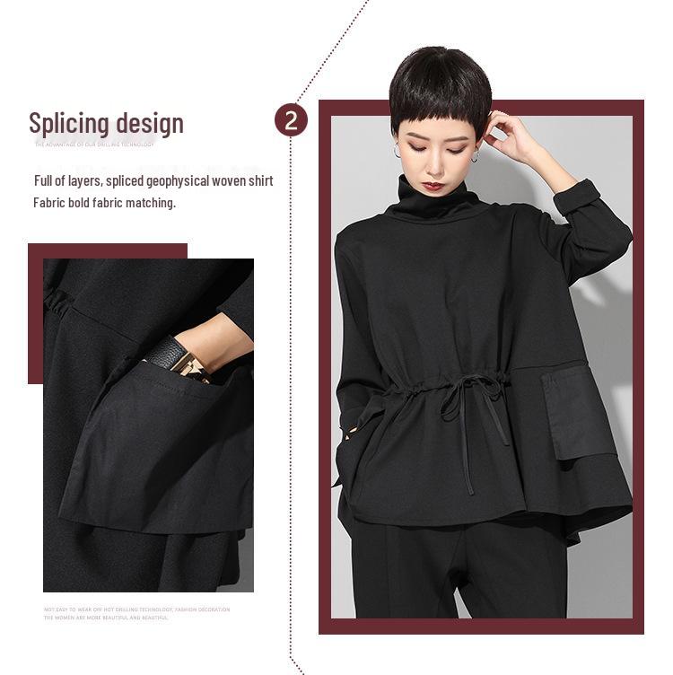 Trendiges Damen Oberteil im europäischen und amerikanischen Stil, dunkel, langärmlig, mit Kordelzug in der Taille - Frühling/Herbst