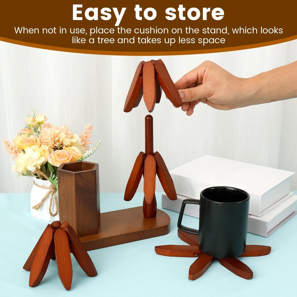 Wooden Tree Trivet with Utensil Holder Heat Resistant Table Mat For Hot Dishes Pot Bowl Pan Teapot Cup Coaster Insulated Pad Set