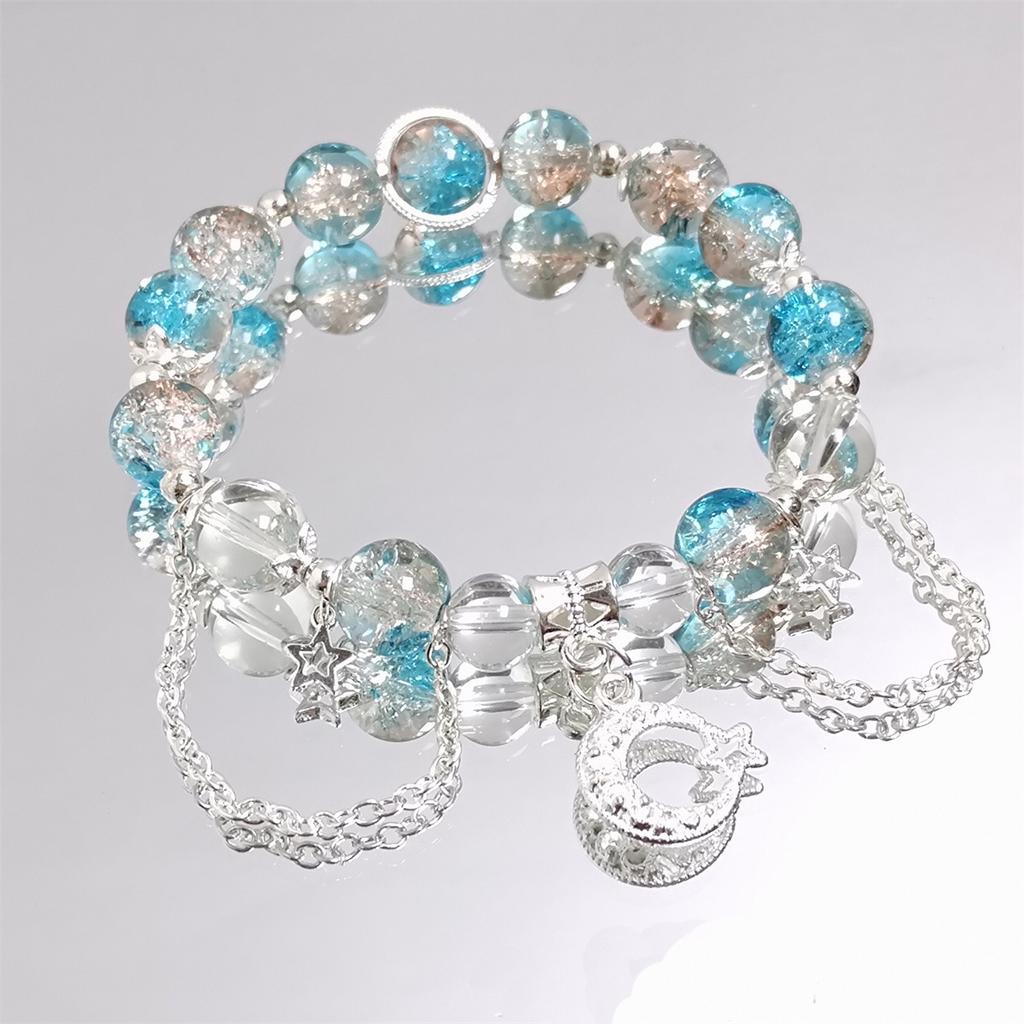 Vendita Calda Braccialetti con Perline in Cristallo Flesso Cristallo Crepato Fiore Esploso Stella Luna Nappa Argento 8mm per Donne Ragazze 1418