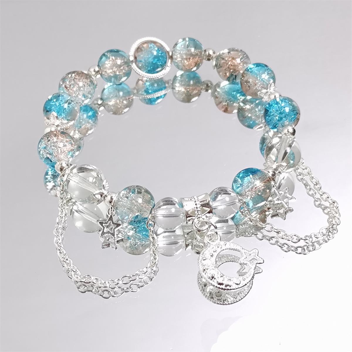 Hot Selling Silver Color Star Moon Tassel Pendant 8mm Burst Flower Crystal Cracked Crystal Beaded Bracelets for Women Girls 1418 оранжевый