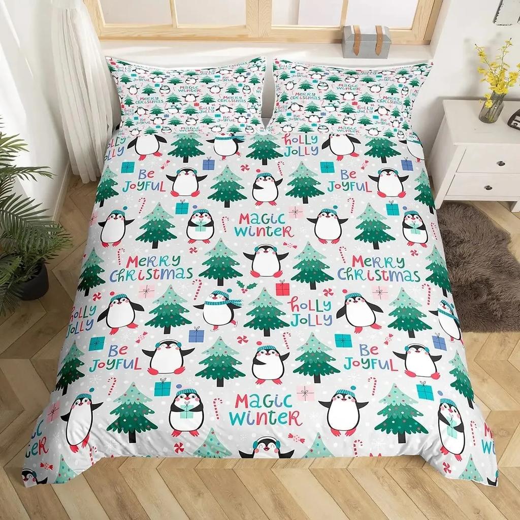 Penguin Duvet Cover Set Full Cute Animals Bedding Set Snow Decor Comforter Cover Set Cute Penguin Animal Quilt Cover Queen Size