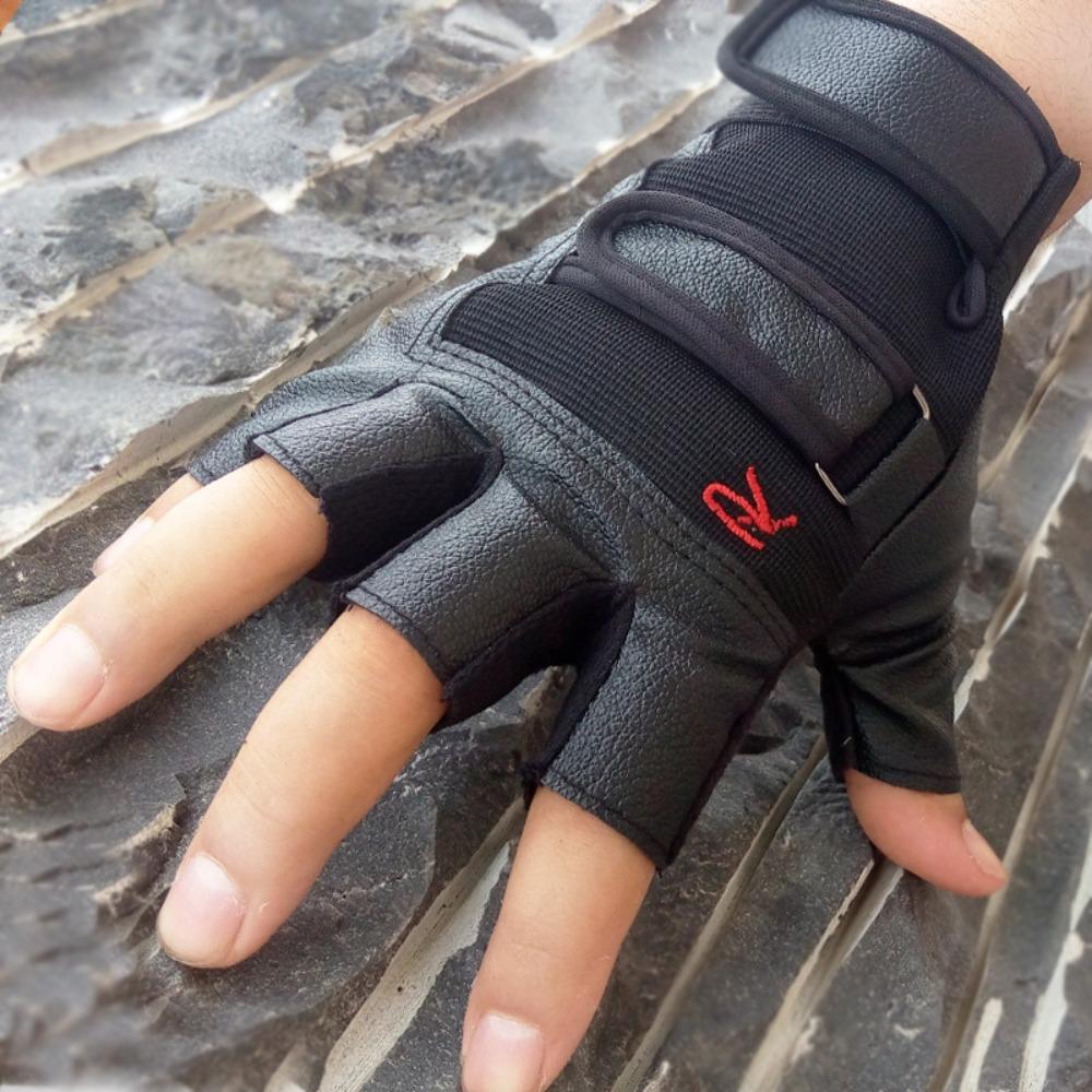 R leather half-finger gloves men's autumn and winter Korean version of non-slip fitness bicycle sports leaking finger imitation leather gloves