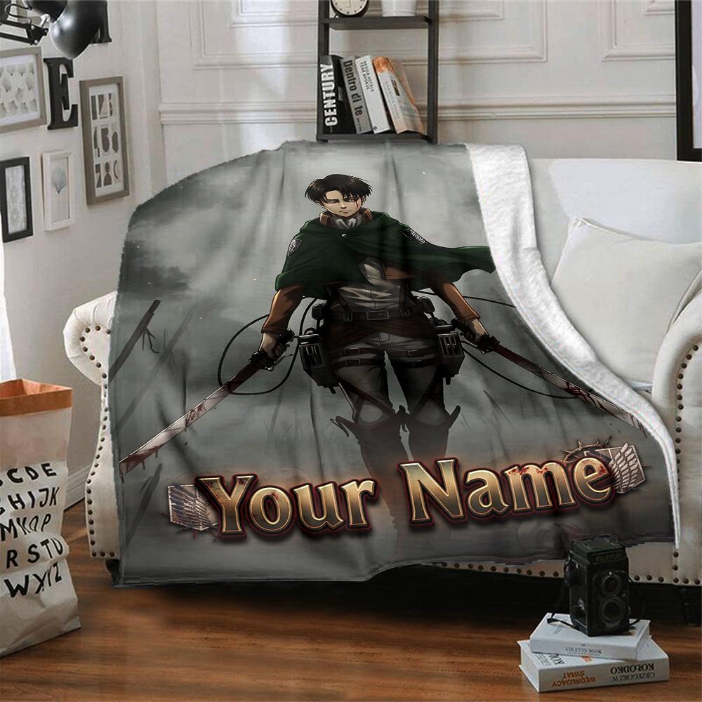 1pc Attack on Titan Blanket with Custom Name, Gift, for Men and Women, Soft Blanket, Good for Sofa Bed Couch Travel, Lightweight Flannel Blanket