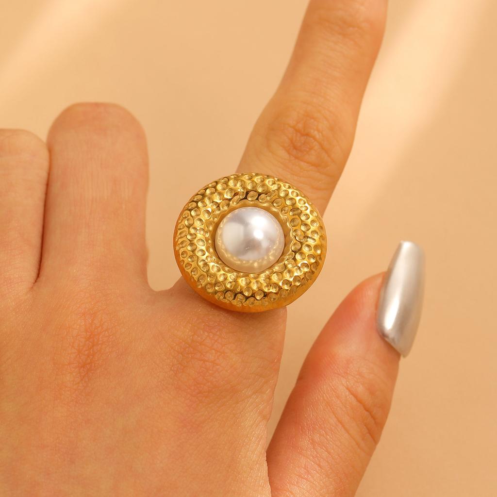 Stainless Steel Classic Flower Leaf Ring Pearl Stacked Ring Large Exaggerated Ring Women Gold Color Fine Jewelry Gifts for Her
