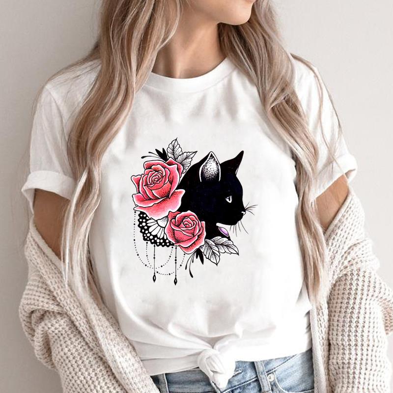 (Asian Size) Graphic Tee Women's Cat Books Love Sweet Trend Fashion Casual Print Short Sleeve Summer Top Ladies Female T Clothing T-shirt