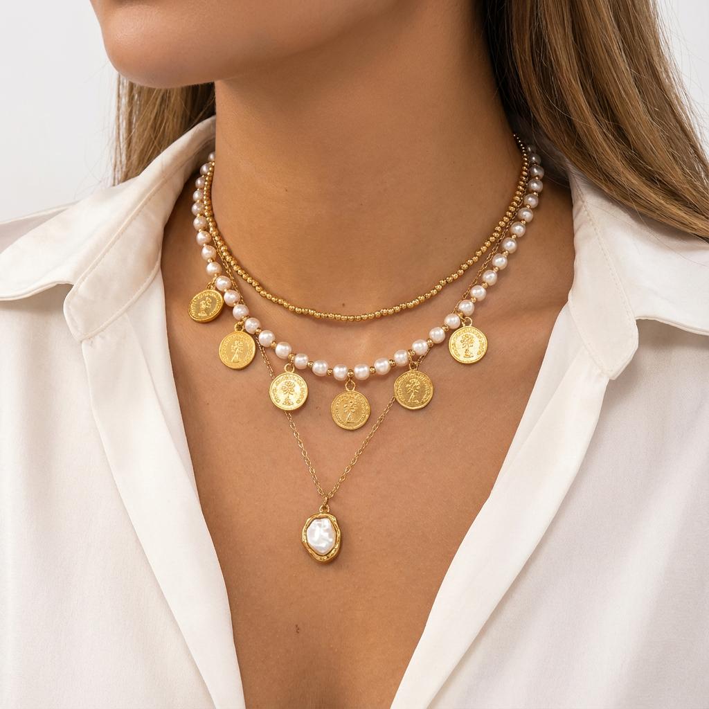 Luxury Baroque Imitation Pearl Cross Zircon Layered Necklace for Women Y2K Vintage Gold Plated Chain Choker Party Jewelry Gift