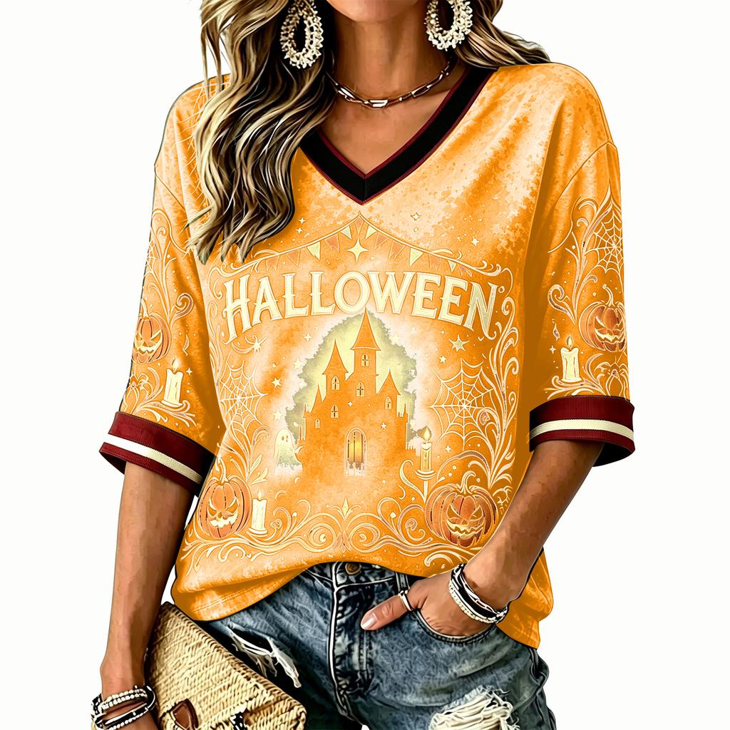 Women's Halloween Printed V-Neck Short Sleeve T-Shirt Casual Top