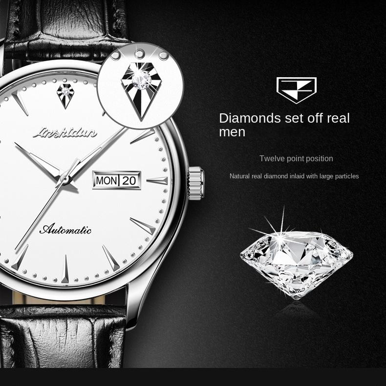 JINSHIDUN Markenuhr Automatische mechanische Uhr Doppelkalenderuhr Modetrend Herrenuhr Herrenuhr