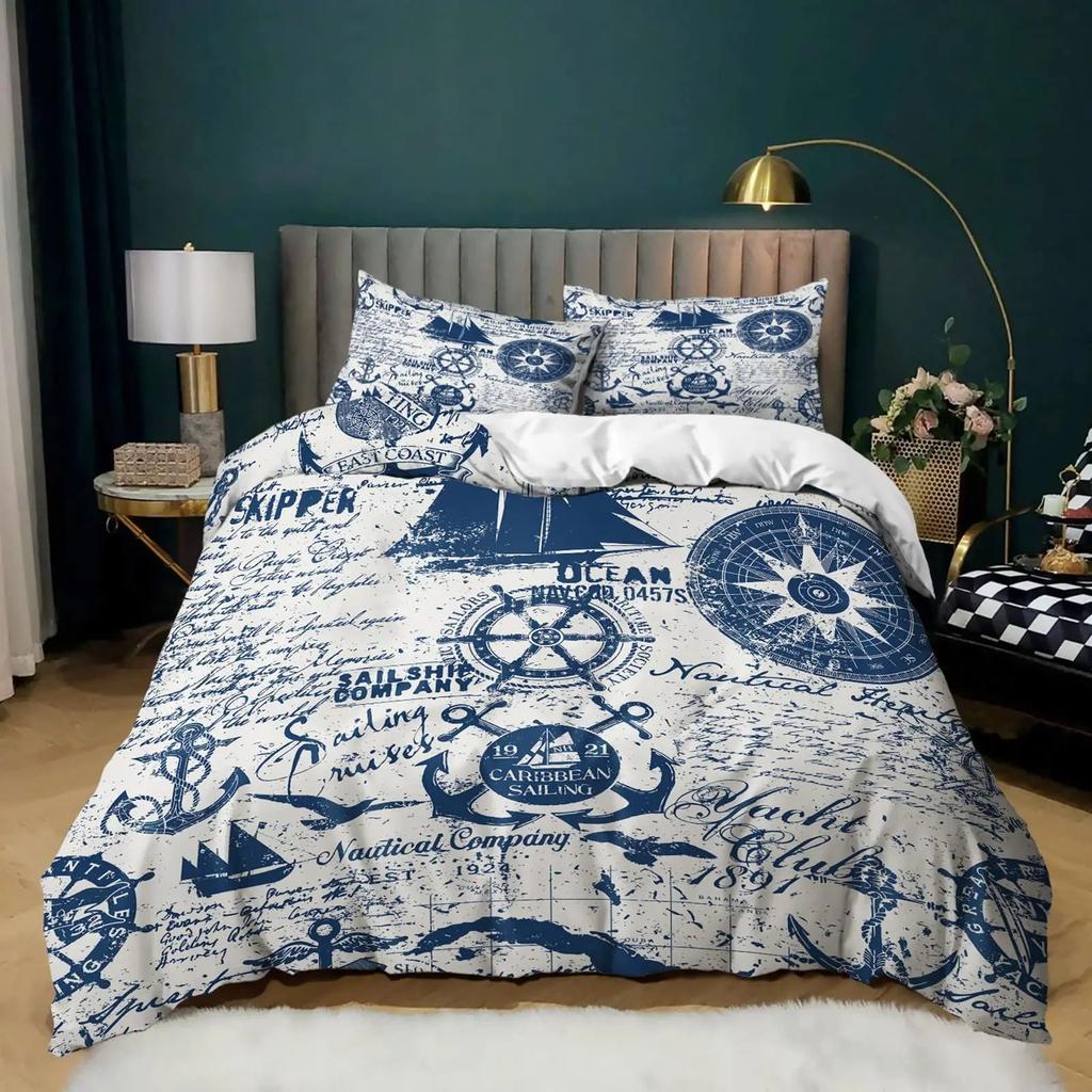 Nautical Theme Bedroom Quilt Cover Set Ocean World Printed Bedding Three-Piece Quilt Cover