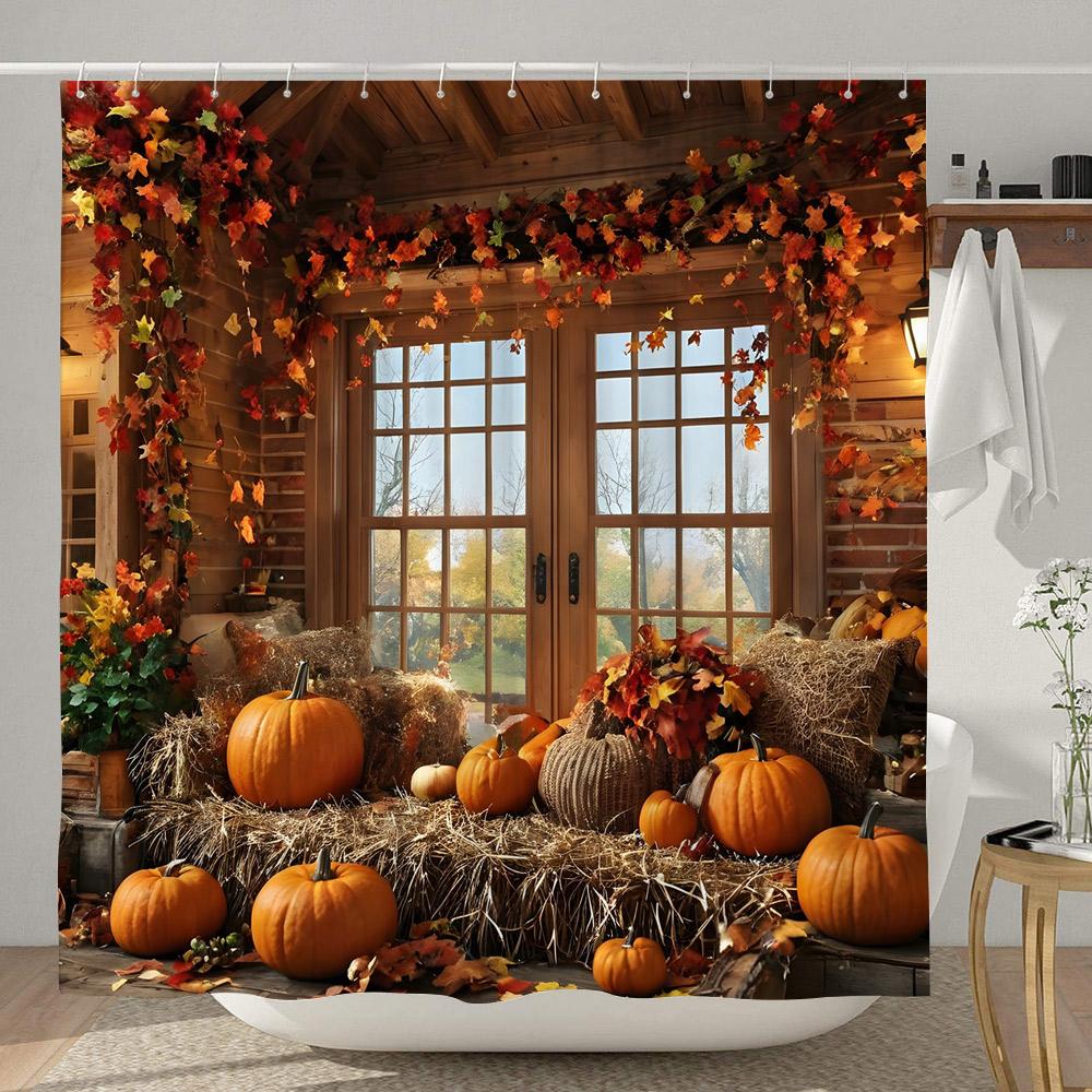 Sunflower Pumpkin Shower Curtain Thanksgiving Rustic Farm Barn Elf Cute Dog Polyester Shower Curtains Bathroom Decor with Hook