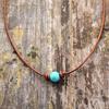 Bohemian Style Turquoise Bead Choker Necklace, Simple Vintage Retro Leather Cord Clavicle Chain