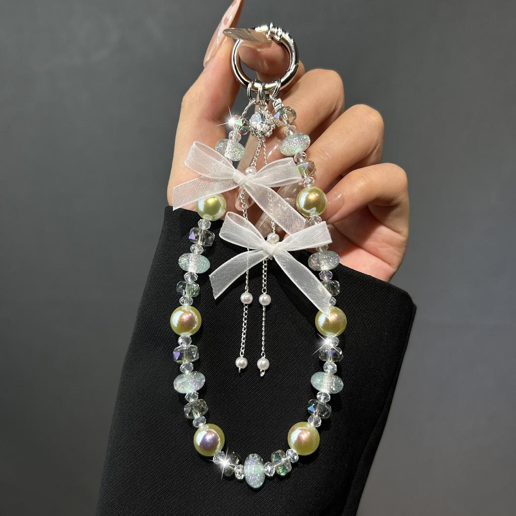 Fashion Bow Pearl Fringed Mobile Phone Lanyard, Light Luxury Crystal Beaded Short Wrist Phone Chain Hand Chain Pendant