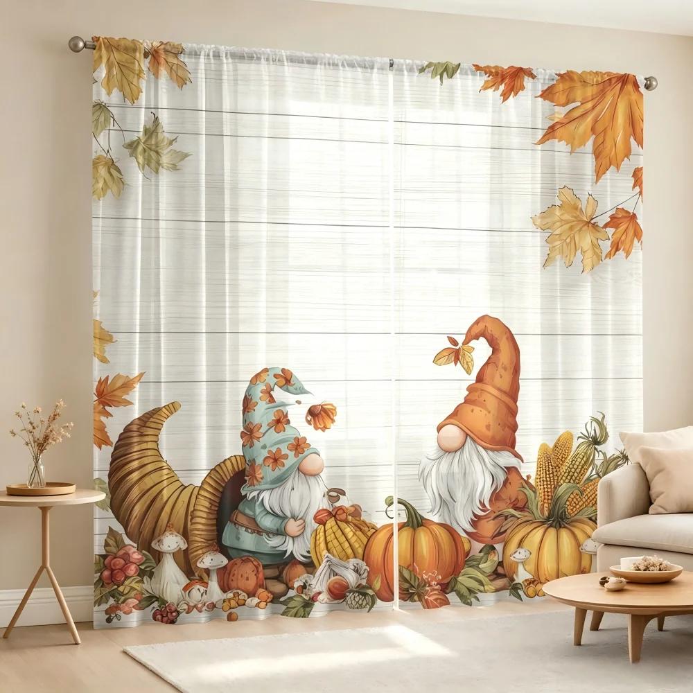 2PCS Digital Print Sheer Curtain, Harvest Gnome Dwarf, Autumn Fall Seasonal - Voile Drapes for Bedroom Living Room Decor