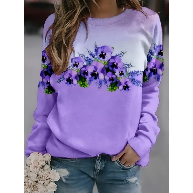 

Women s purple flower pattern printed casual long sleeved round neck pullover XS
