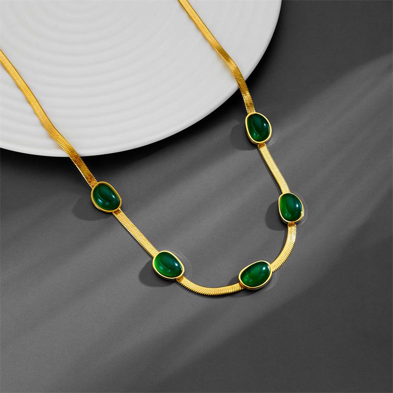 Elegant Colorfast Titanium Steel Jewelry Set: Five Emerald Flat Snake Chain with Earrings, Bracelet, and Necklace
