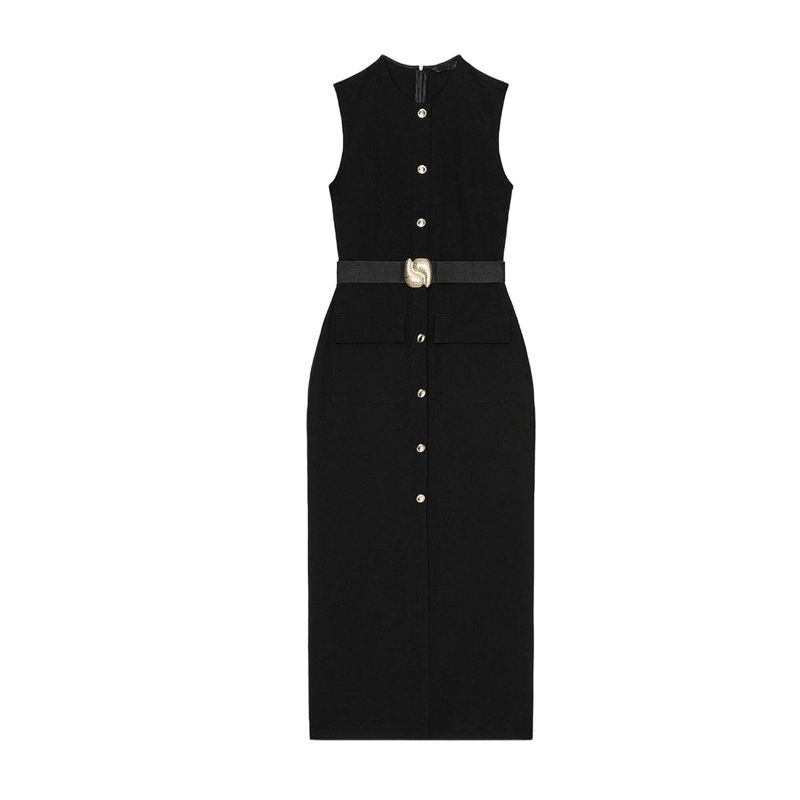 Summer New Product Women's Clothes Decorated Row Button with Belt Crepe Sleeveless round Neck Midi Skirt Dress 3897054