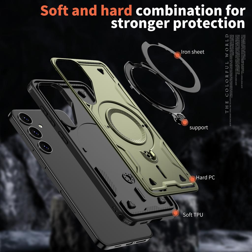 For Samsung Galaxy S24 FE Magnetic Case Military Protection PC+TPU Kickstand Phone Cover