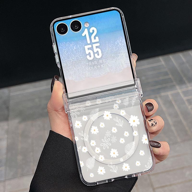 Luxury Flowers Print Case For Samsung Galaxy Z Flip 8 7 FE 6 5 Z Flip8 Flip7 Flip6 Magnetic Clear Hard PC Folding Phone Cover