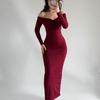 Off-Shoulder V-Neck Long Sleeve Slimming Bodycon Dress