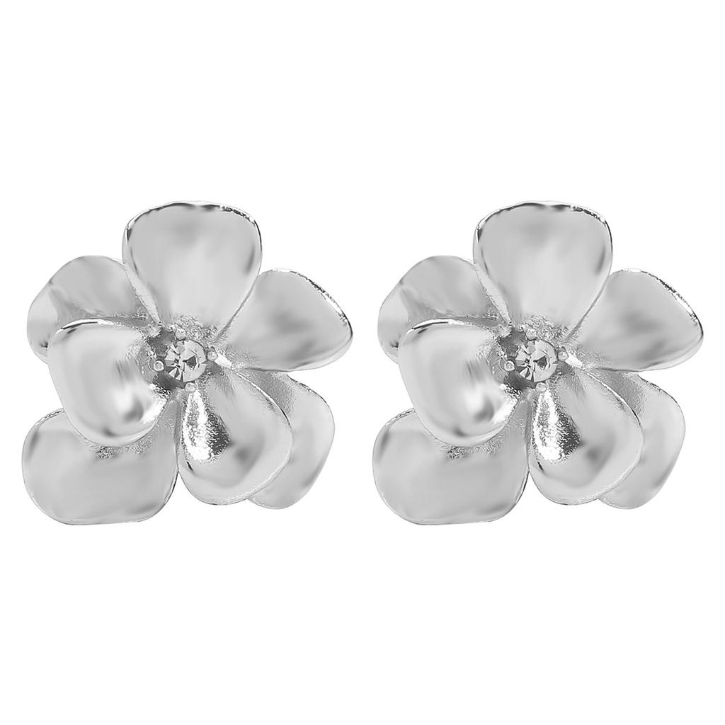 Women French Minimalist Design Metal Flower Stud Earrings Elegant Double Layer Flower Rhinestone Necklace Ring Jewelry