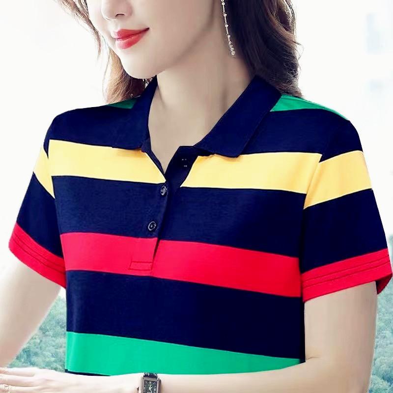 Women's Summer Tops Strip Tees Sexy Vintage Short Sleeve 5XL Polo T-Shirts Loose Casual Boho Tees