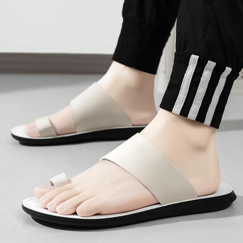 Men Brown Flip Flops Flats Slippers Summer White Sandals Retro Black Leather Beach Shoes Plus Size