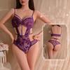 Purple Lingerie Bodysuit Women Sheer Lace Open Crotch No Need Take Off Push Up for Small Breast Tie Detail Erotic Set