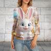 Damen 3/4 Ärmel Oberteil Saum V-Ausschnitt Sommer Freizeit T-Shirt Ostern Bedrucktes Oberteil