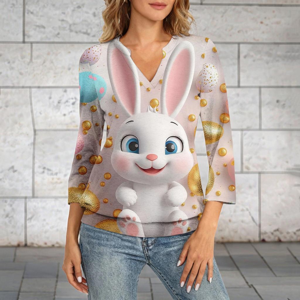 Damen 3/4 Ärmel Oberteil Saum V-Ausschnitt Sommer Freizeit T-Shirt Ostern Bedrucktes Oberteil
