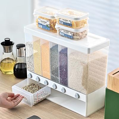 10KG Wall Mounted Divided Rice and Cereal Dispenser 6 Moisture Proof Plastic Automatic Racks Sealed Food Storage Box